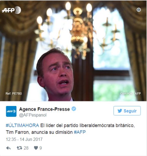 Tim Farron dimite como líder del Partido Liberaldemócrata británico.